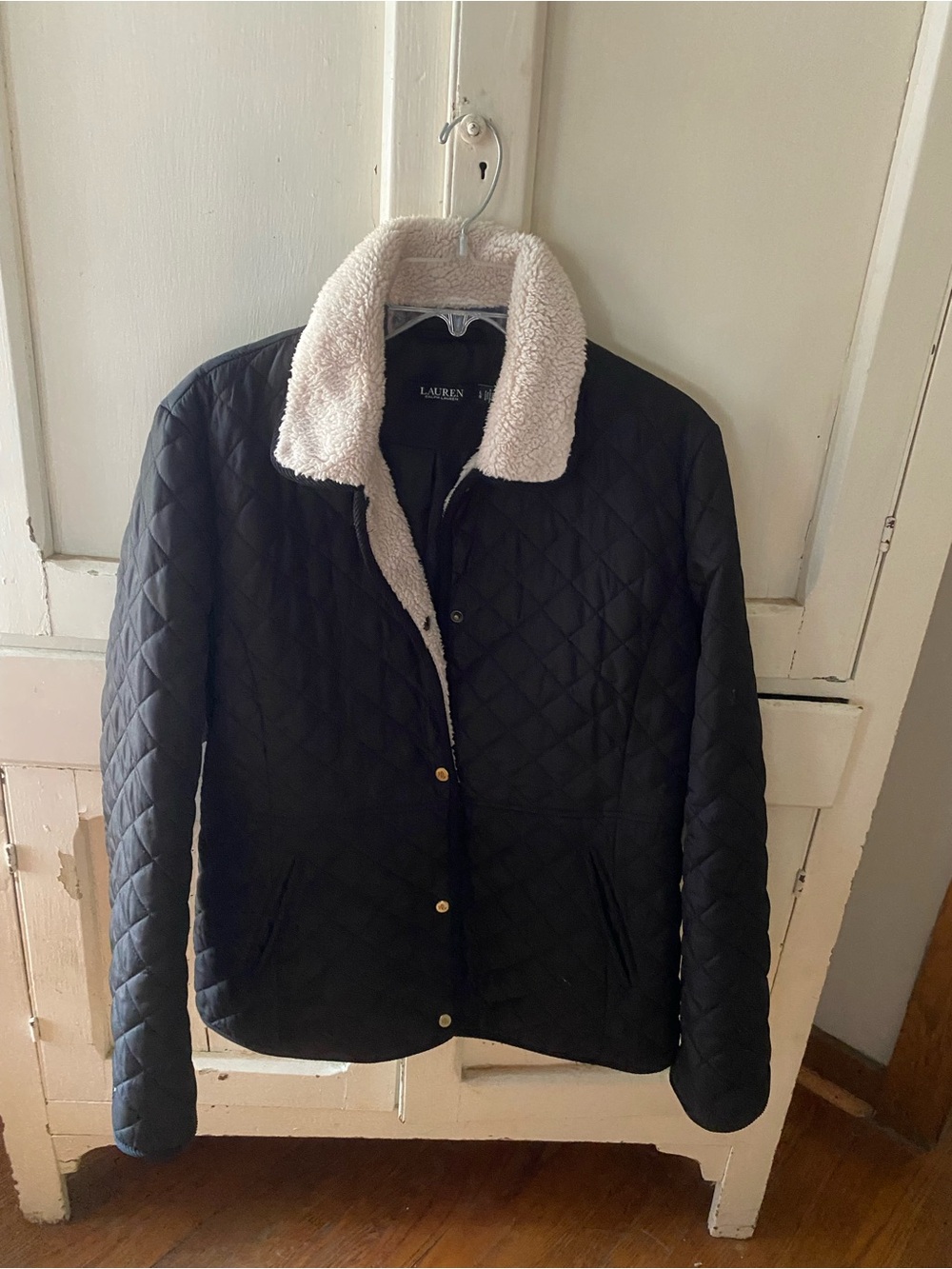 Ralph Lauren Black Quilted Jacket with Cream Sherpa Collar